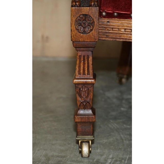 Regency Lions Head Carved Oak Armchair with Oxblood Velour Upholstery, 1810s For Sale - Image 9 of 17