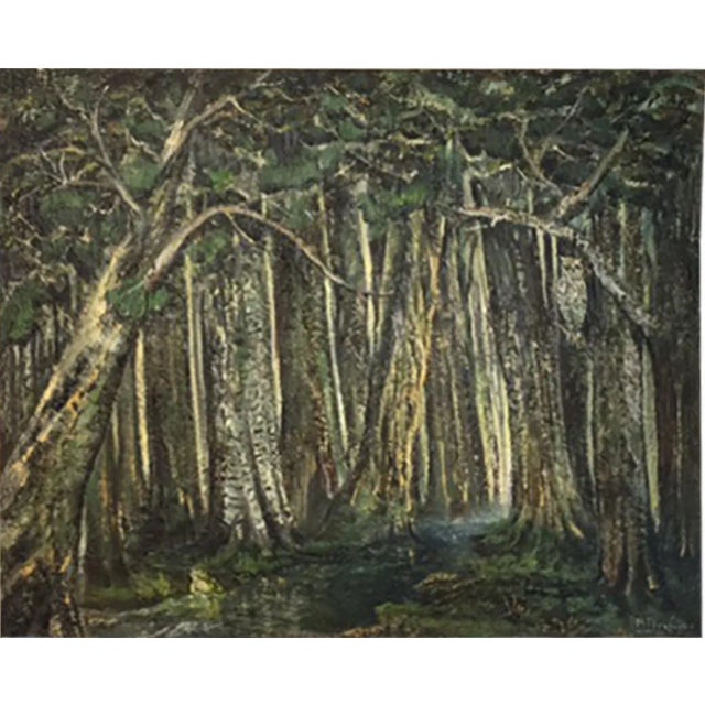 Great Mid Century Landscape Oil On Canvas Painting Of A Forest with An Owl In A Tree and A Frog on the Bank of a Lovely...
