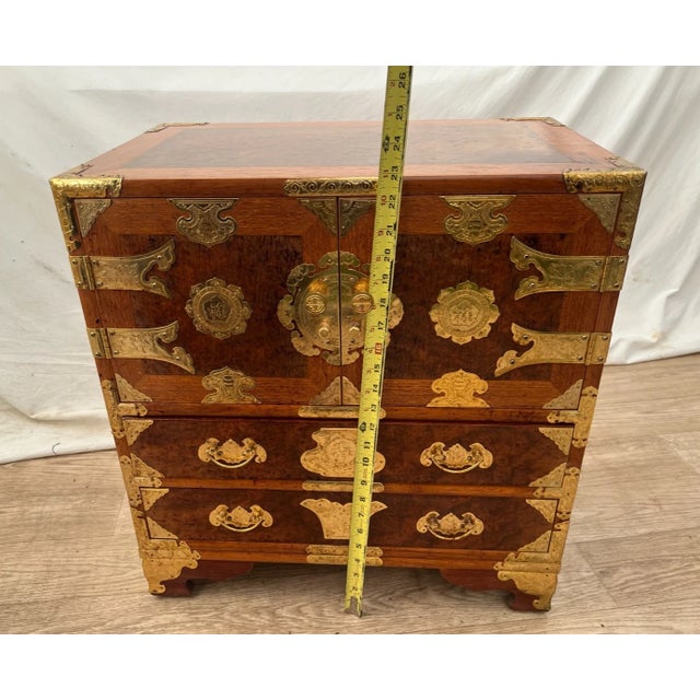 Vintage Korean Elm Burl Brass Bound Bandaji Small Chest Wedding Cabinet Felt For Sale - Image 9 of 12