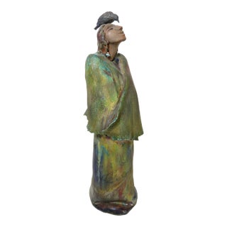 Vintage Signed 18" Raku Art Pottery ~ Native American Woman W/ Crow on Her Head ~ Figural Ceramic Sculpture For Sale