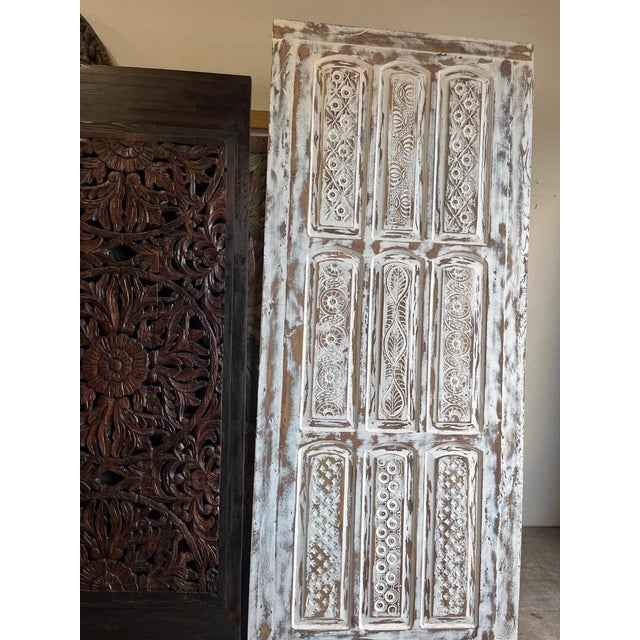 Mid-Century Modern Vintage Whitewashed Carved Wood Sliding Barn Door – Ornate Architectural Statement 102 For Sale - Image 3 of 6