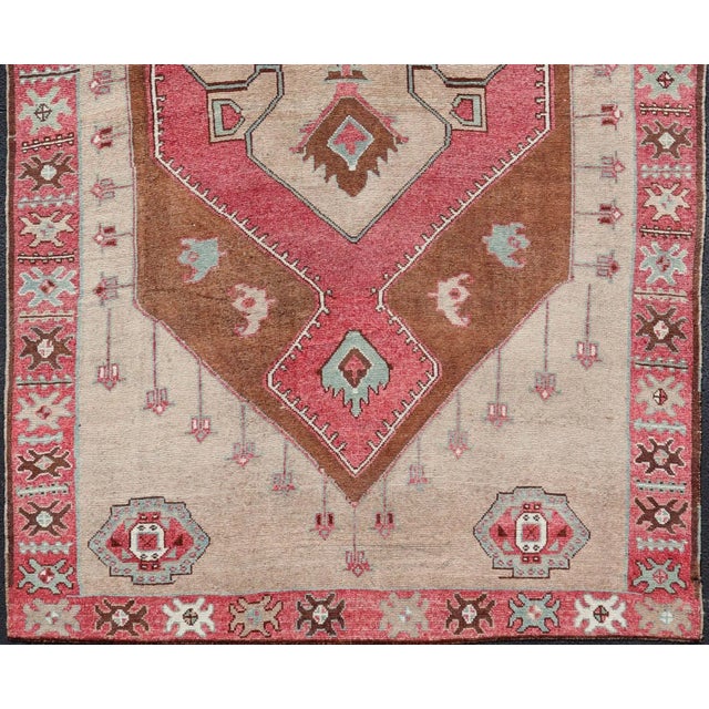 Measures: 7'9 x 15'5. Large Vintage Turkish Oushak Rug with Warm Red, Taupe, and Soft Aqua Accents. Keivan Woven Arts /...