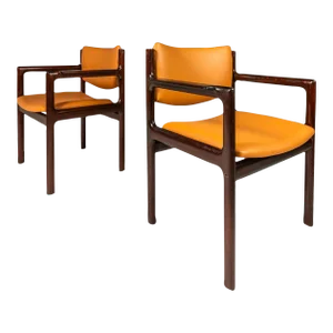 Set of Two 2 Danish Modern Arm Chairs in Solid Mahogany & Caramel Leather by Danish Overseas Imports, C. 1960s