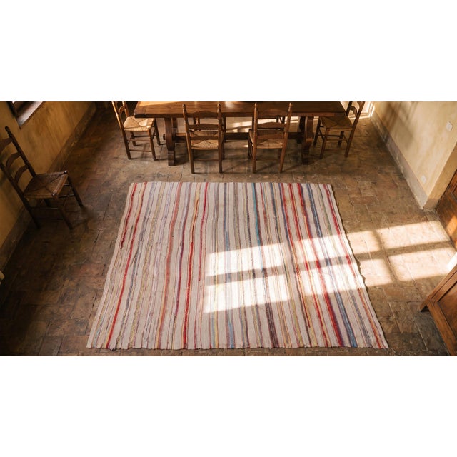 1930s Multicolor Stripe Folk Art Antique American Rag Rug 5'5" X 5'5" Flatweave Cotton Carpet For Sale - Image 9 of 9