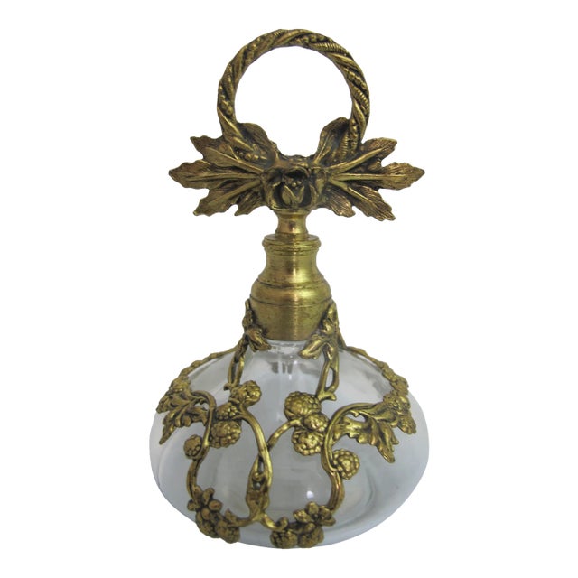 German Victorian Gilt Floral Ormolu Overlay Glass Perfume Vanity Bottle For Sale