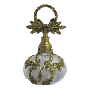 German Victorian Gilt Floral Ormolu Overlay Glass Perfume Vanity Bottle