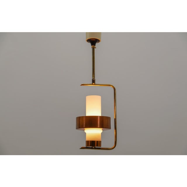 Scandinavian mid-century modern ceiling lamp in copper, braas & opaline glass fully functional. probably made in denmark....