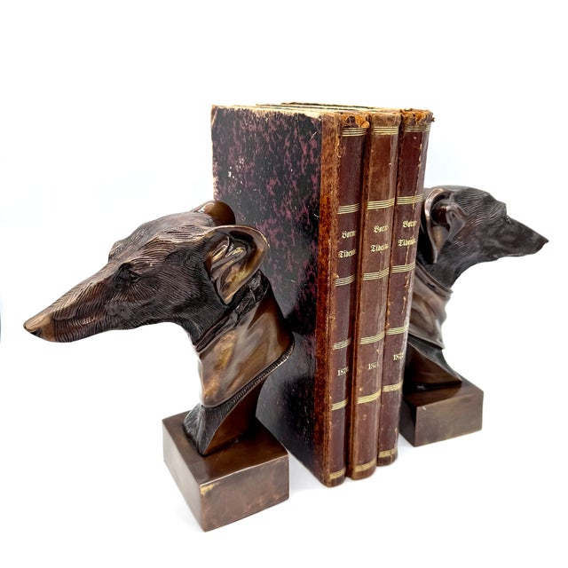Pair of Bronze Cast Metal 9" Greyhound Whippet Dog Head Bust Bookends For Sale - Image 9 of 11