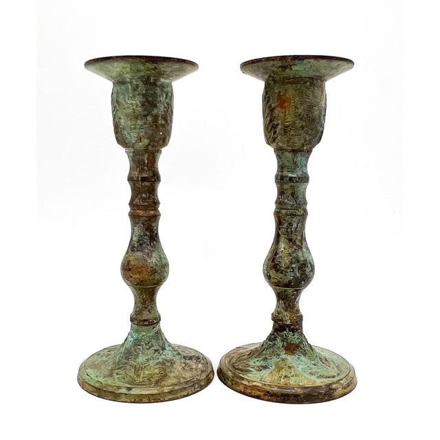 Contemporary Pair of Vintage Verdigris Patinated Brass Candlesticks With Foliate Motifs – Rustic European / Old World For Sale - Image 3 of 9
