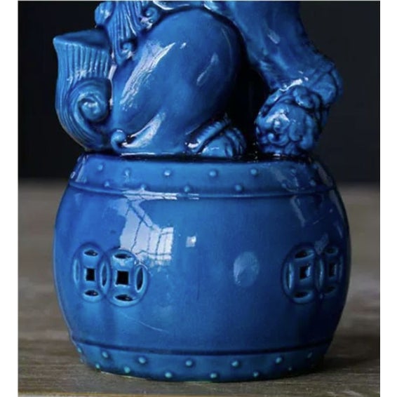 Pair of Blue Glazed Porcelain Guardian Lions – 10.6" Foo Dogs on Drum Bases For Sale - Image 9 of 9