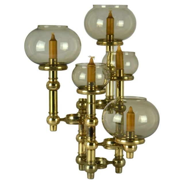 Scandinavian Modern Brass Candelabra with Glass Shades, 1960s For Sale - Image 11 of 11
