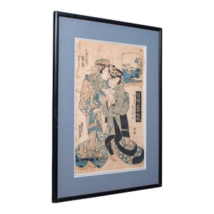 Antique Woodblock Picture, Japanese Framed Ukiyo-E Print, After Eisen, Victorian