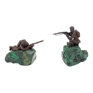 Pair of Russian Bronze Soldiers Mounted on Malachite, Early 20th Century For Sale