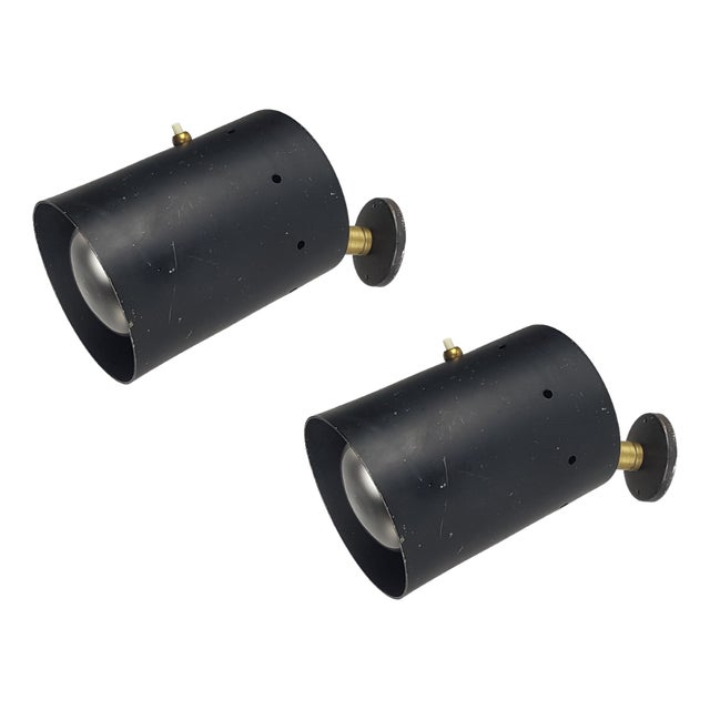 Italian Black Aluminum & Brass Adjustable Spot Lights, 1950s, Set of 2 For Sale
