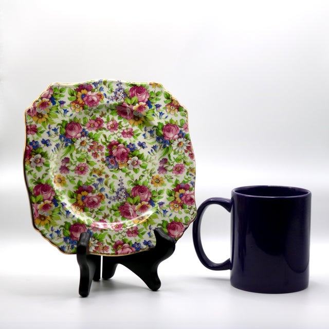 Pink Vintage 1940s Royal Winton "Summertime" Square Chintz Dessert Plate For Sale - Image 8 of 11