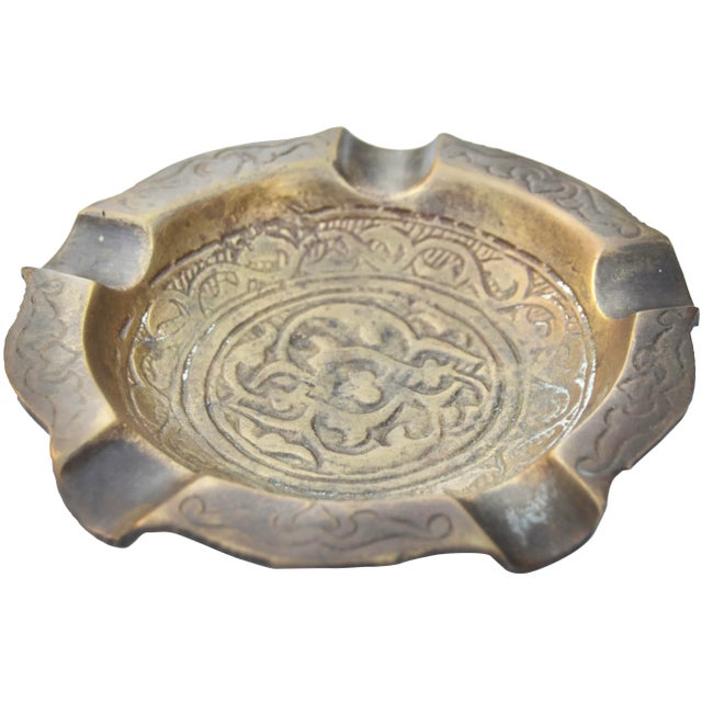 Moroccan Antique Engraved Afro-Moresque Brass Ashtray For Sale - Image 3 of 6