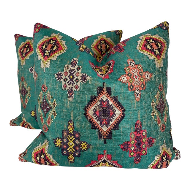 Clarke & Clarke "Konya" in Aqua 22" Pillows-A Pair For Sale