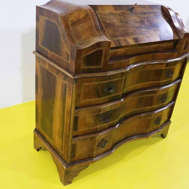 Wooden Writing Desk with Inlays and Three Curved Drawers For Sale - Image 3 of 18