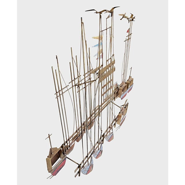 1980s Curtis Jere Nautical Wall Sculpture – Brass Sailboats & Seagulls Harbor Scene For Sale - Image 12 of 18