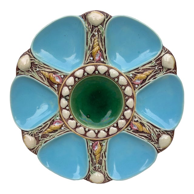 Victorian Majolica Aqua Oyster Plate by Minton, Ceramic, England, 1880 For Sale