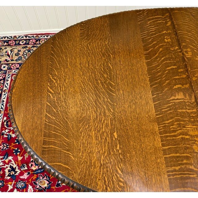 Antique English Butterfly Leaf Oval Carved Dining Table 118" Tiger Oak C1920-30s For Sale - Image 11 of 17