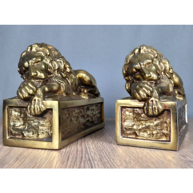 Art Deco Vintage a & M Leatherlines, New York Brass Sleeping Lion Bookends For Sale - Image 3 of 11