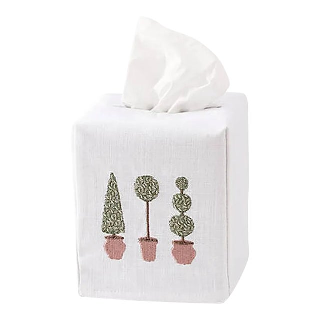 Three Tree Topiary Tissue Box Cover White Linen & Cotton, Embroidered For Sale