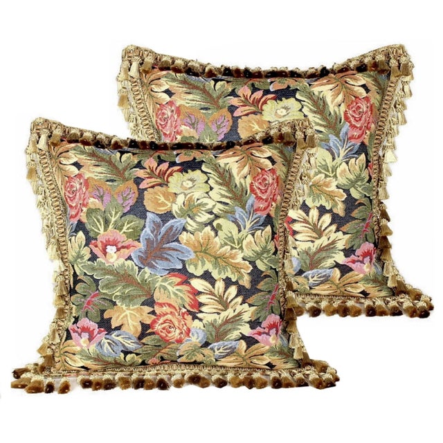 Goldenrod Antique French Aubusson Handwoven Needlepoint Floral Pillow Cover With Antique Tassel Fringe For Sale - Image 8 of 13