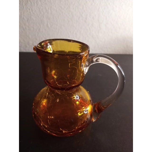 Glass 1940s Blenko Crackled Amber Glass Miniature Pitcher With Clear Applied Handle For Sale - Image 7 of 7