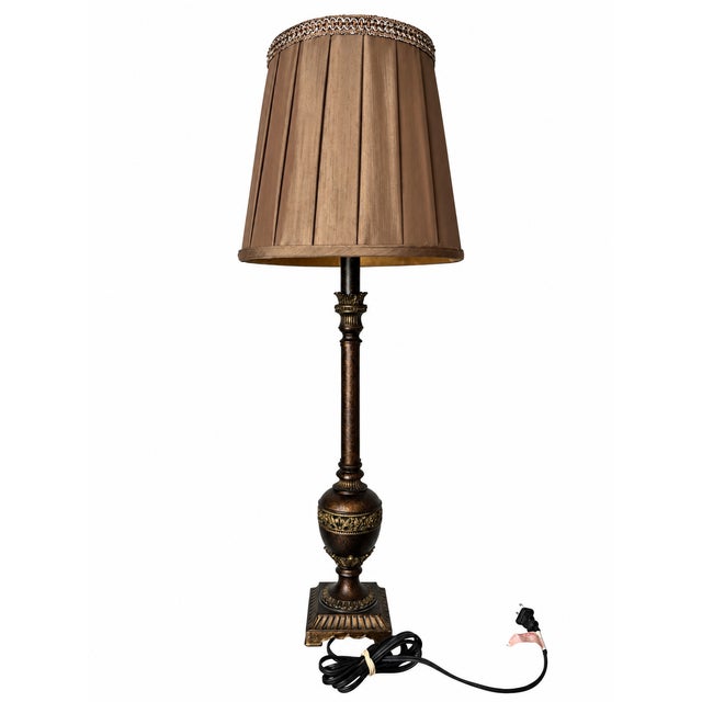 Neoclassical Bronze-Tone Urn and Column Buffet Lamp With Pleated Brown Shade For Sale - Image 4 of 8