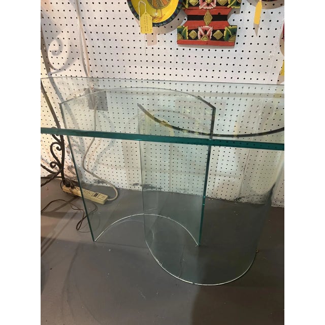 1970s Vintage Modern Curved Glass Oval Console Table with Dual Pedestal Bases For Sale In New York - Image 6 of 6