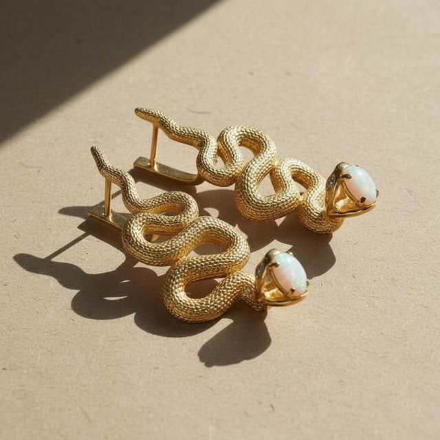 Metal Massive Snake Earrings With Opals in Opened Mouth, Pair For Sale - Image 7 of 10