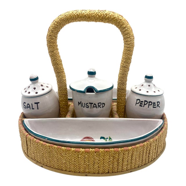 Mid-Century Hand Painted Italian Pottery Condiment Relish Caddy/Basket Server- 7 Pieces For Sale