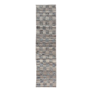 Modern Hi Low With Kilim-Piled Runner With Checkerboard Design in Blue/Gray For Sale