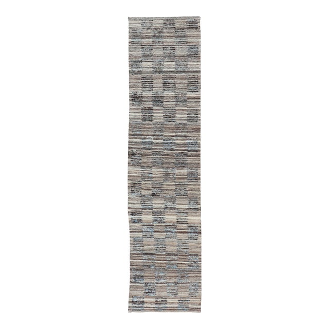 Modern Hi Low With Kilim-Piled Runner With Checkerboard Design in Blue/Gray For Sale