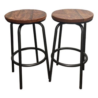 Handcrafted Cherry Wood Bar Stools Barstools Chairs With Hammered Bronze Finish — A Pair For Sale