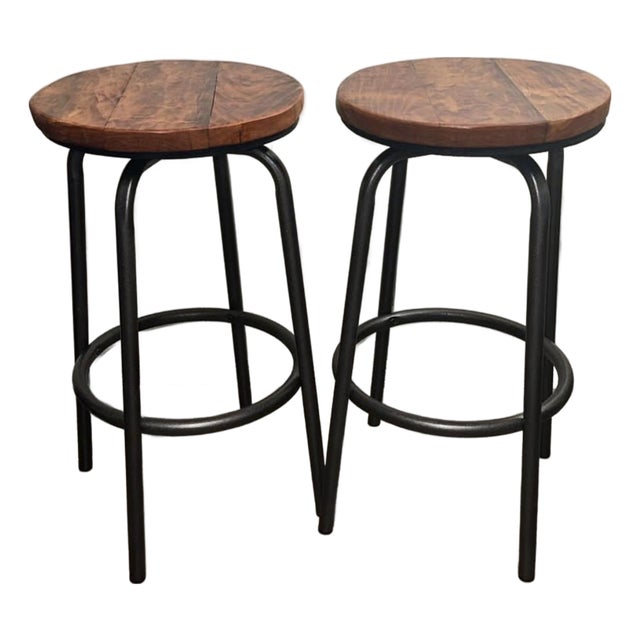 Handcrafted Cherry Wood Bar Stools Barstools Chairs With Hammered Bronze Finish — A Pair For Sale