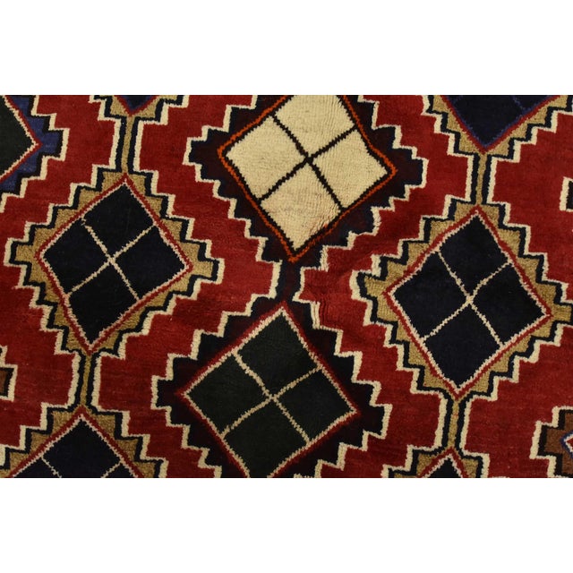 Red Qashqai Rug 3’8” X 6’7” Red Wool Vintage Tribal Hand-Knotted Oriental Carpet For Sale - Image 8 of 13