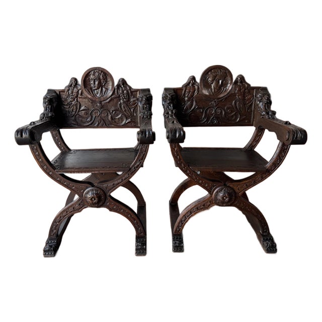 Late 19th Century Renaissance Italian Pair Chairs, Hand Carved Walnut Wood For Sale