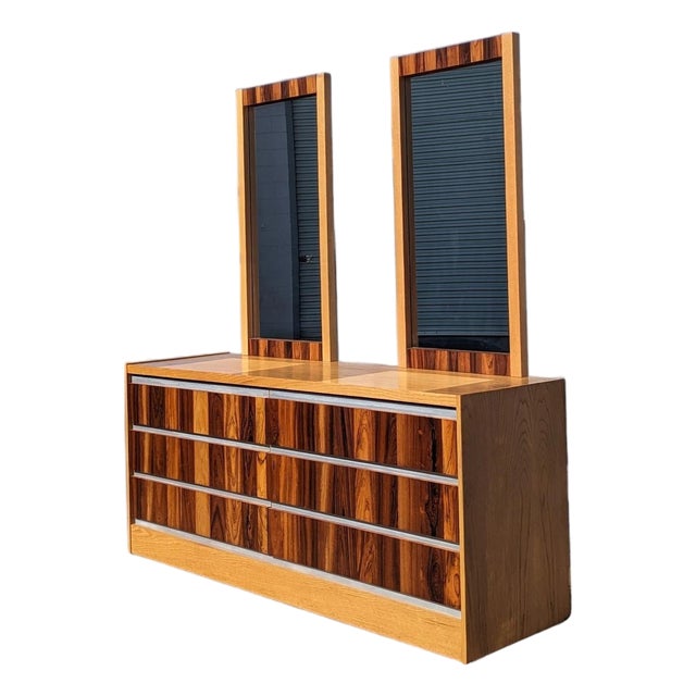 Mid-Century Oak and Rosewood Lowboy Dresser, 1970s, Chrome For Sale