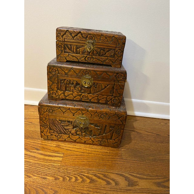 Shabby Chic Mid 20th Century Vintage Asian Large Handmade Carved Wooden Boxes Set of 3 For Sale - Image 3 of 10