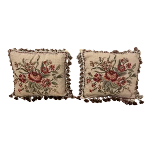 Pair of Needlepoint Rose Pillows