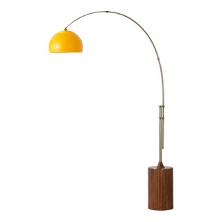 1980s Nova of California Tambo Floor Lamp - Mid Century Modern Arc Lamp, Walnut Base, Mustard Shade, Weathered Brass, Dimmable For Sale