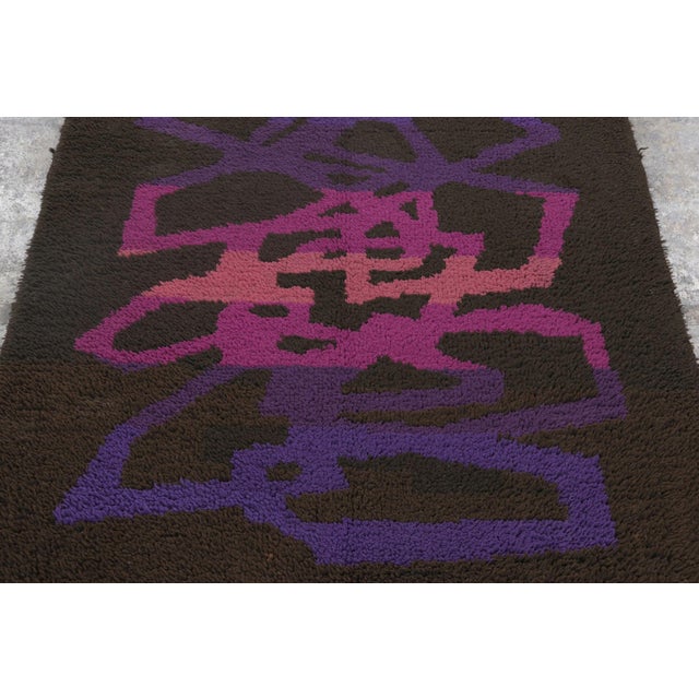 Hand-knotted in wool, this 4x5 vintage Scandinavian Rya rug is a vintage piece that reflects a bold, artistic...