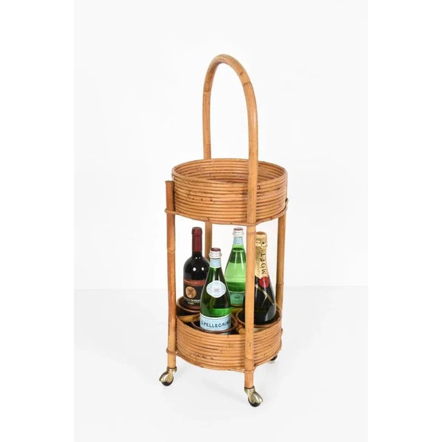 Italian Red Velvet, Bamboo & Rattan Bar Trolley, 1960s For Sale - Image 12 of 17