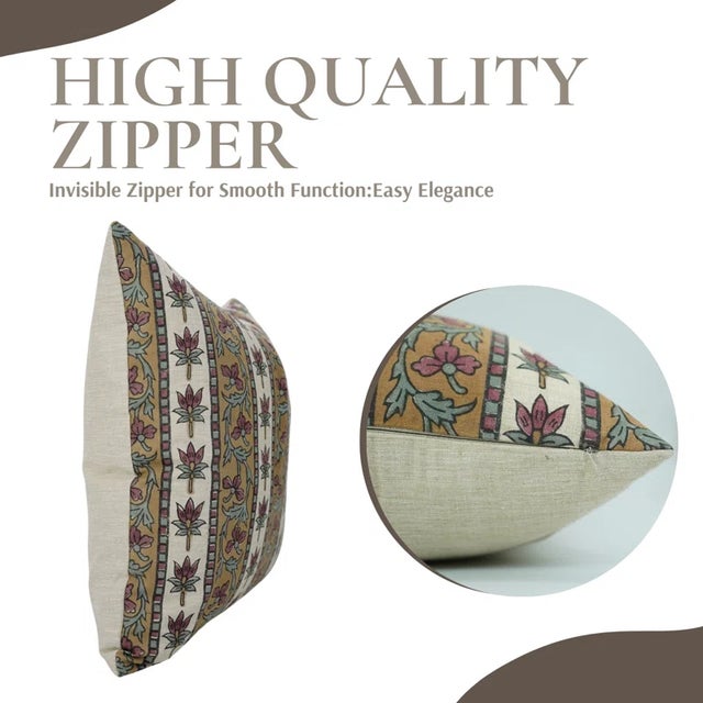 Contemporary Fabdivine Block Print Laxmi Border Pattern Pillow Cover Linen Blend --16"x16" Inch For Sale - Image 3 of 5