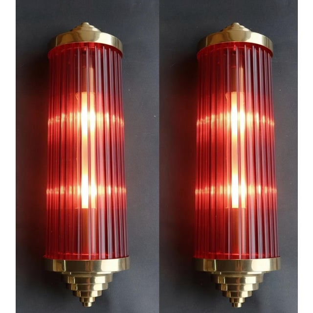 Vintage Art Deco Light Old Lamp Wall Sconces Fixture Brass & Red Glass Rod Ship Light - Pair For Sale - Image 4 of 6