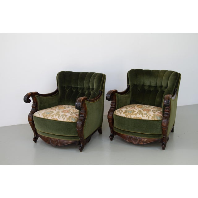 Danish Carved Lounge Chairs in Green Velvet, 1920s, Set of 2 For Sale - Image 17 of 18