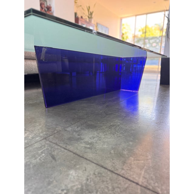 1990s Large Asymmetrical Sculptural Glass Coffee Table With Cobalt Blue Pedestal Base For Sale In Los Angeles - Image 6 of 13