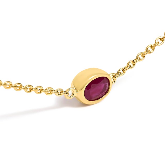 Contemporary 14K Yellow Gold Bezel Set 4x3 mm Oval Red Ruby Station Necklace - 18 Inches For Sale - Image 3 of 5